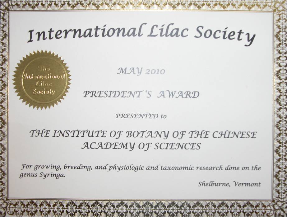 IOB awarded 2010 ‘President’s Award’ from International Lilac Society